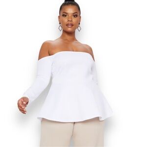 PRETTY LITTLE THING Women's Plus Size White Bardot Peplum Top Size 14‎ | NWT